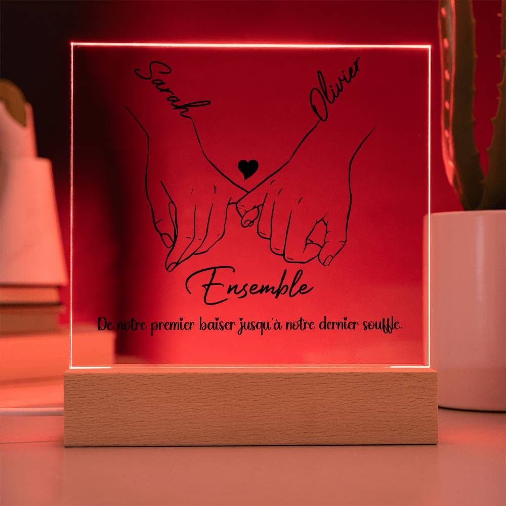 Plaque Acrylique Carrée Personnalisée pour Couples avec Base LED