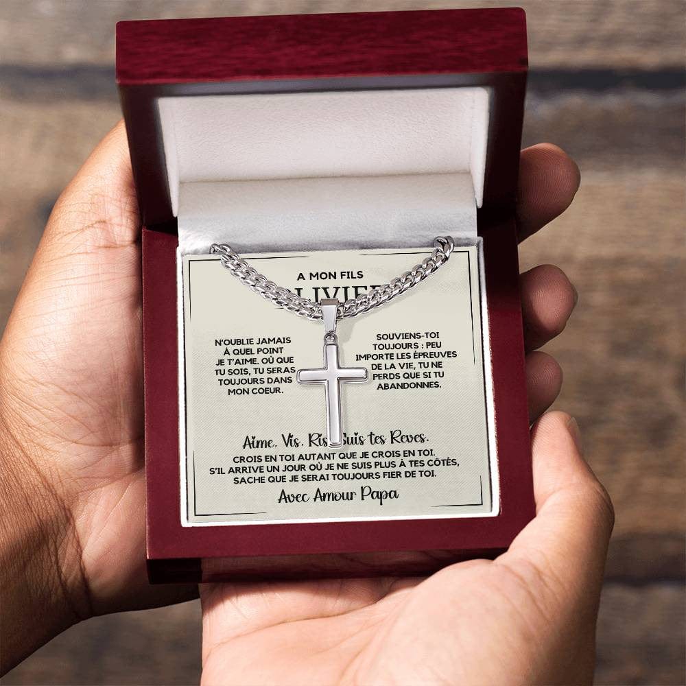 Cadeau pour Fils - Collier Chaîne Cubaine avec Croix Artisanale en Acier Inoxydable