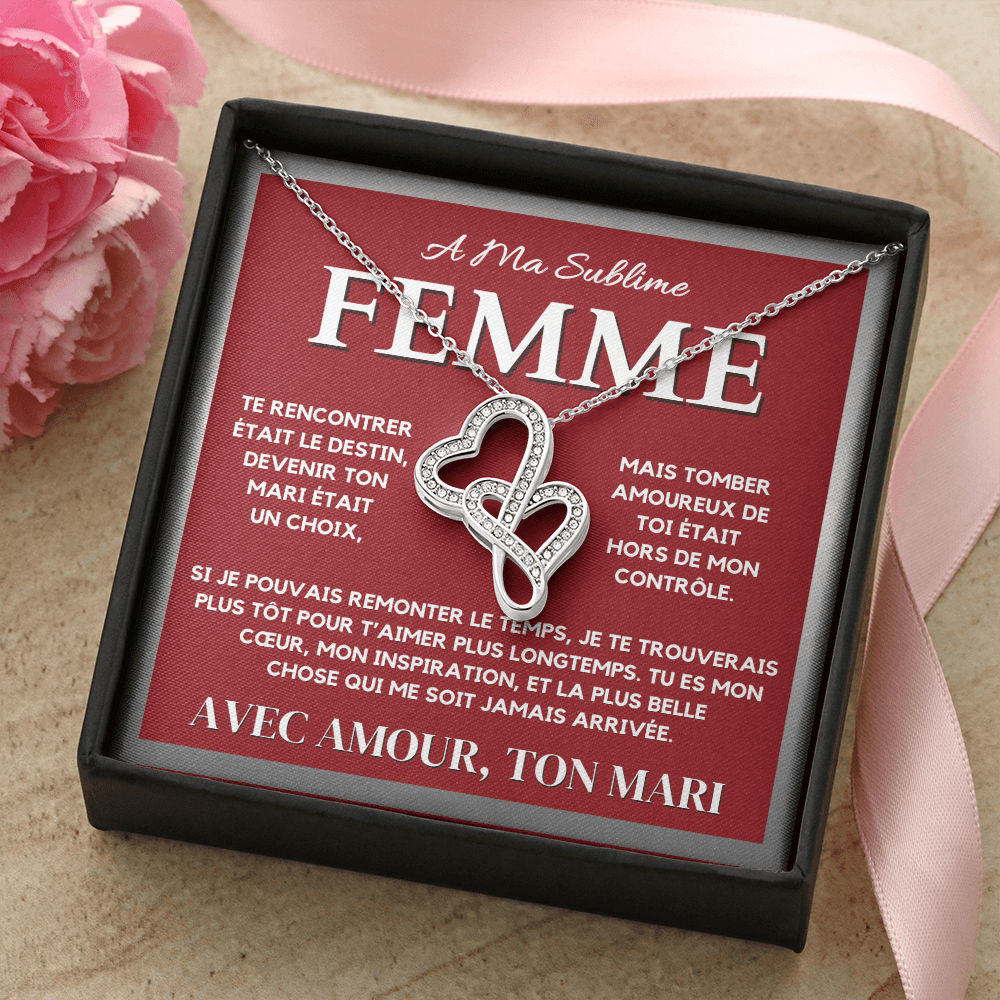 A Ma Femme - Collier Pendentif Cœur à Cœur en Or Blanc 14K