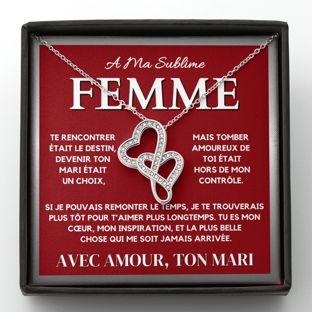 A Ma Femme - Collier Pendentif Cœur à Cœur en Or Blanc 14K