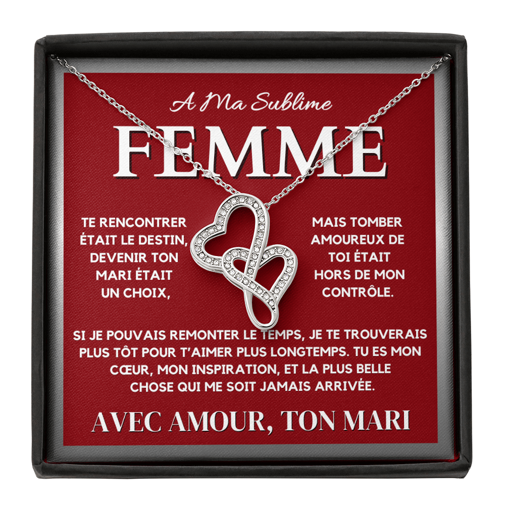 A Ma Femme - Collier Pendentif Cœur à Cœur en Or Blanc 14K