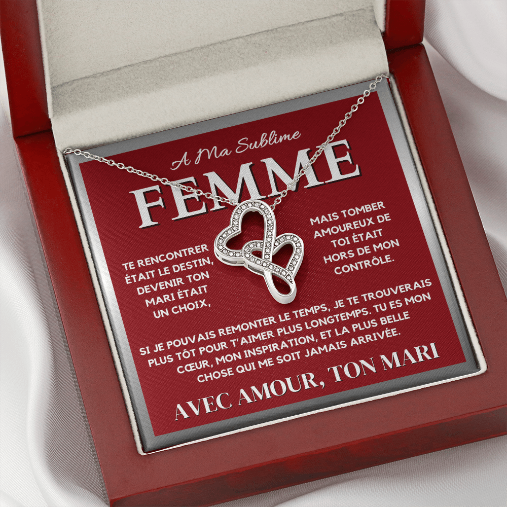 A Ma Femme - Collier Pendentif Cœur à Cœur en Or Blanc 14K