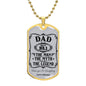 Personalized dog tag for dad, featuring the text "The Man with the Legend."