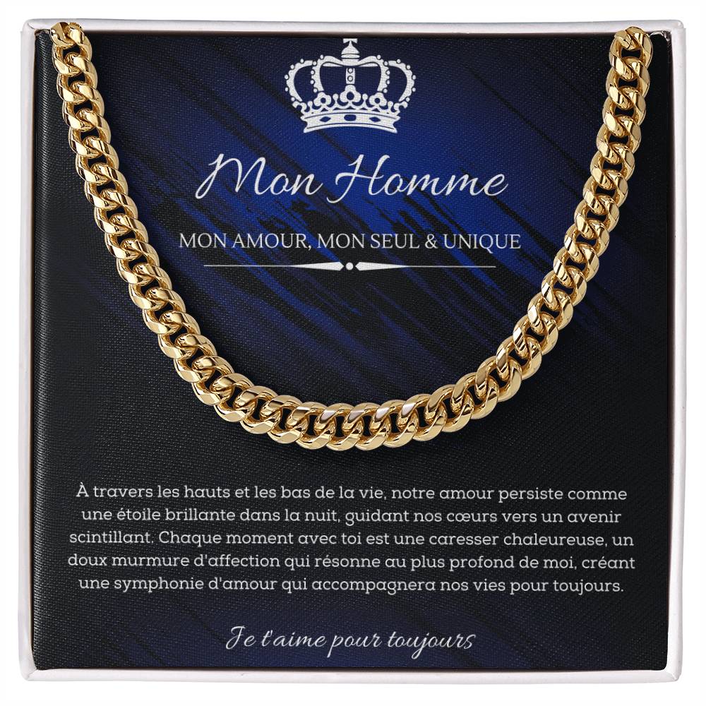A polished metallic chain necklace on a dark blue and black background with French text detailing a romantic message for my man.