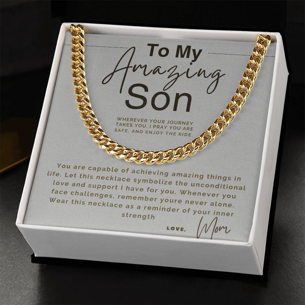 Card with a silver chain necklace and a heartfelt message to a son.