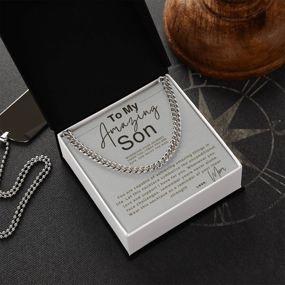 Card with a silver chain necklace and a heartfelt message to a son.