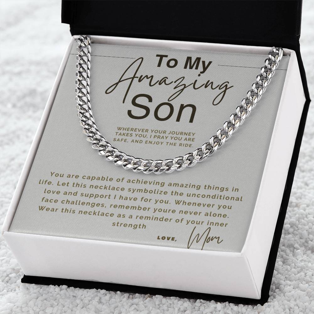 Card with a silver chain necklace and a heartfelt message to a son.