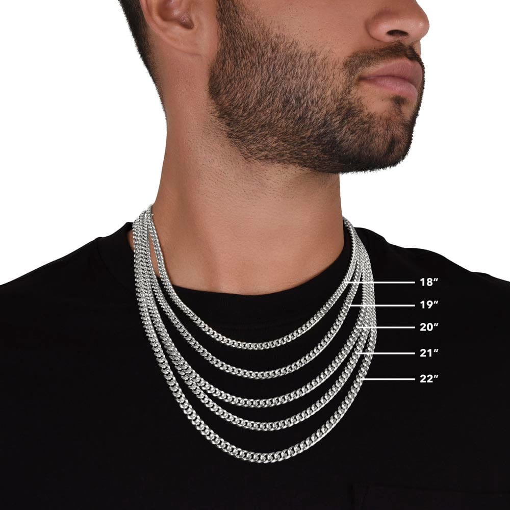 Silver chain necklace with message that reads "to my bonus dad" in elegant script font.