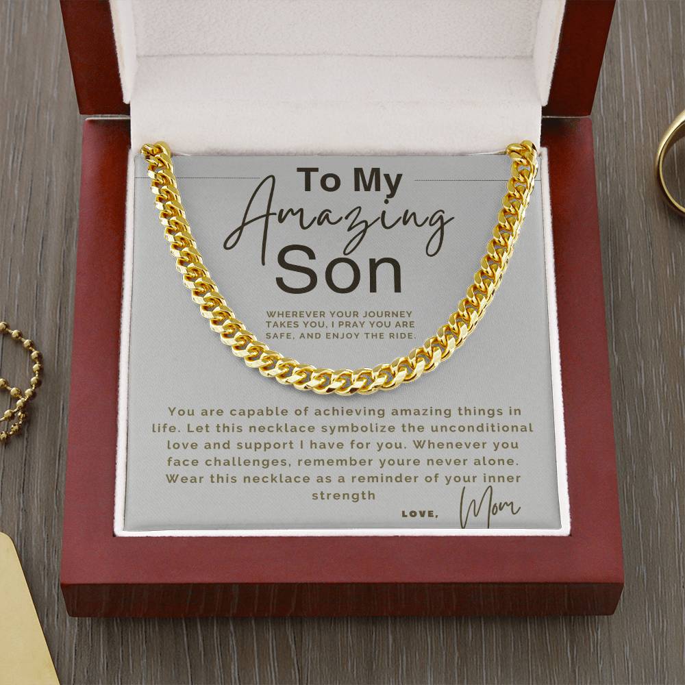 Card with a silver chain necklace and a heartfelt message to a son.