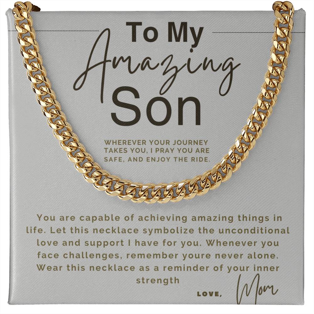 Card with a silver chain necklace and a heartfelt message to a son.