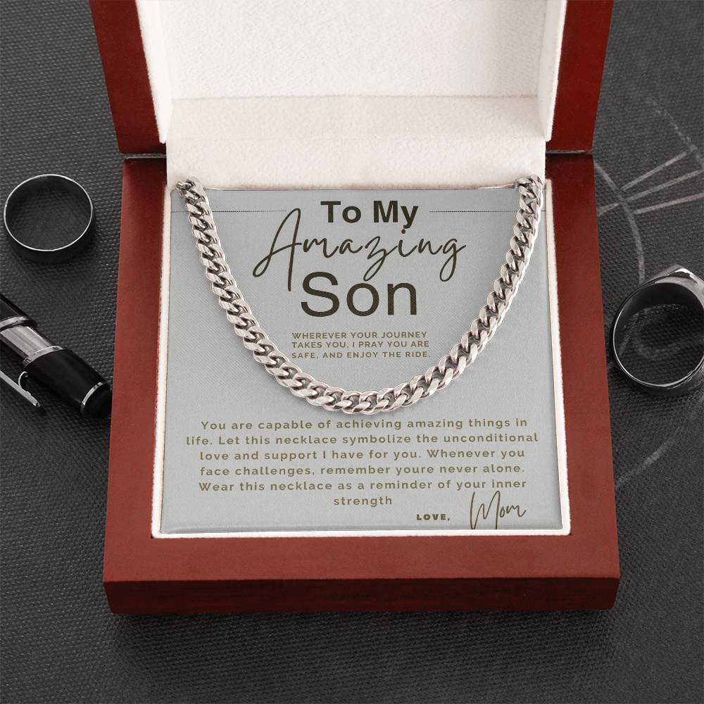 Card with a silver chain necklace and a heartfelt message to a son.