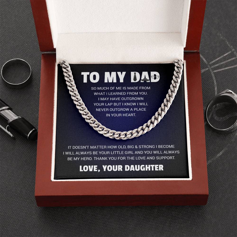 Necklace with pendant reading "to my dad" in elegant script, perfect gift for Father's Day or birthday.