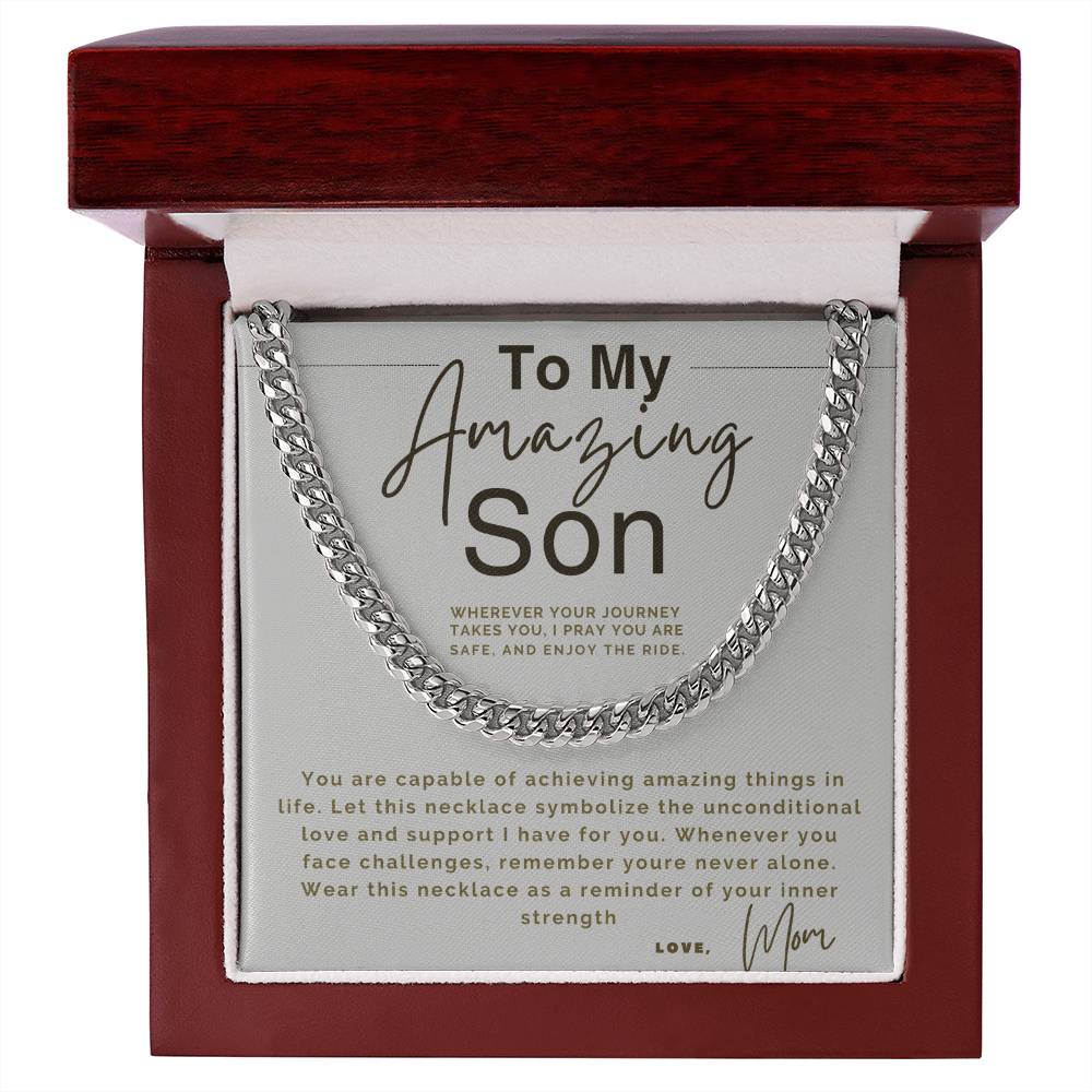 Card with a silver chain necklace and a heartfelt message to a son.