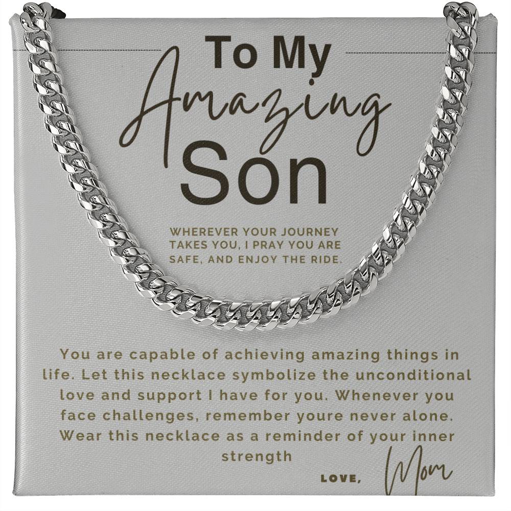 Card with a silver chain necklace and a heartfelt message to a son.