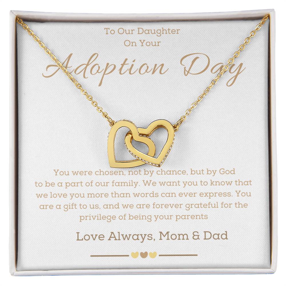 a necklace with two hearts in the middle of it and a message for adoption dedicate to a girl