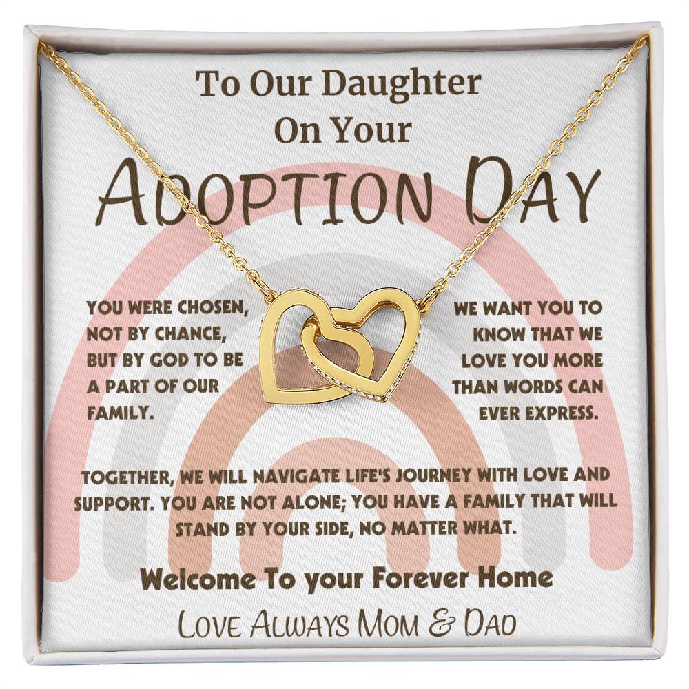 Adoption Day Necklace Gift for Daughter - Intertwined Hearts Pendant with Loving Message, Gold or Silver