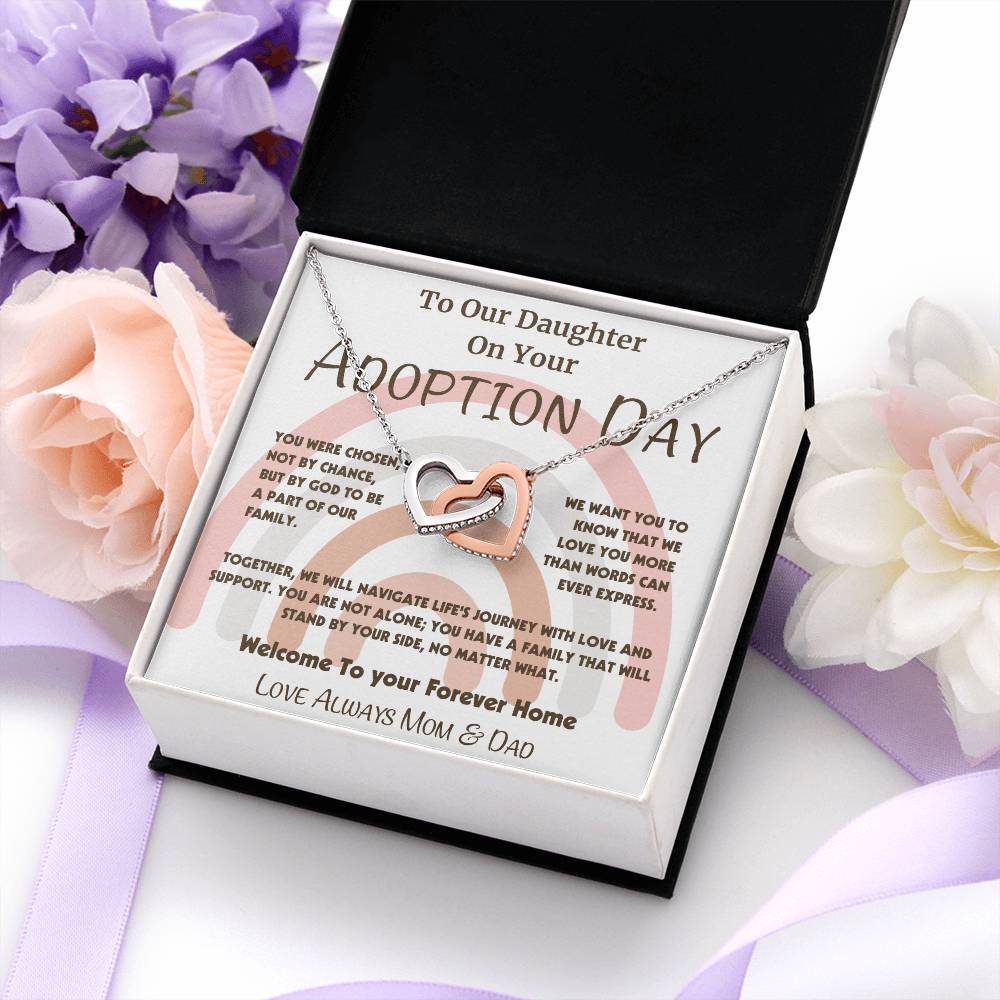 Adoption Day Necklace Gift for Daughter - Intertwined Hearts Pendant with Loving Message, Gold or Silver