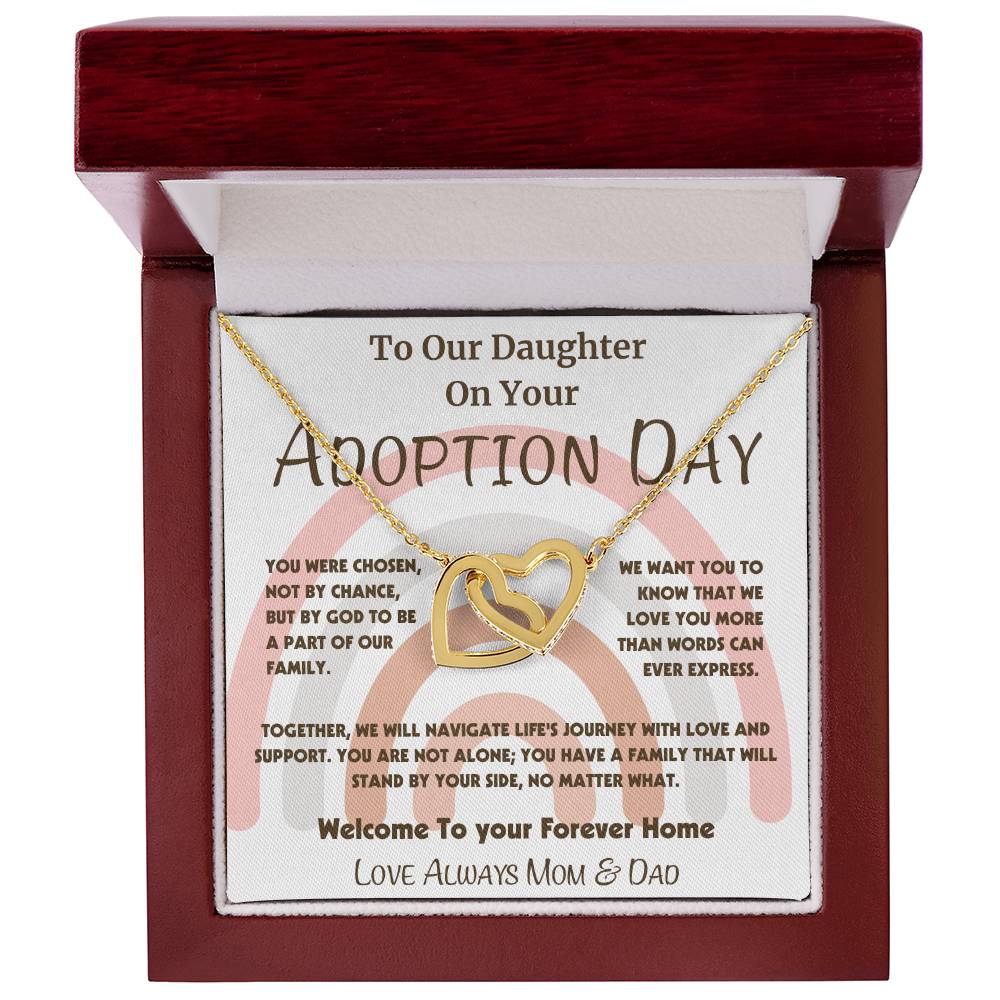 Adoption Day Necklace Gift for Daughter - Intertwined Hearts Pendant with Loving Message, Gold or Silver