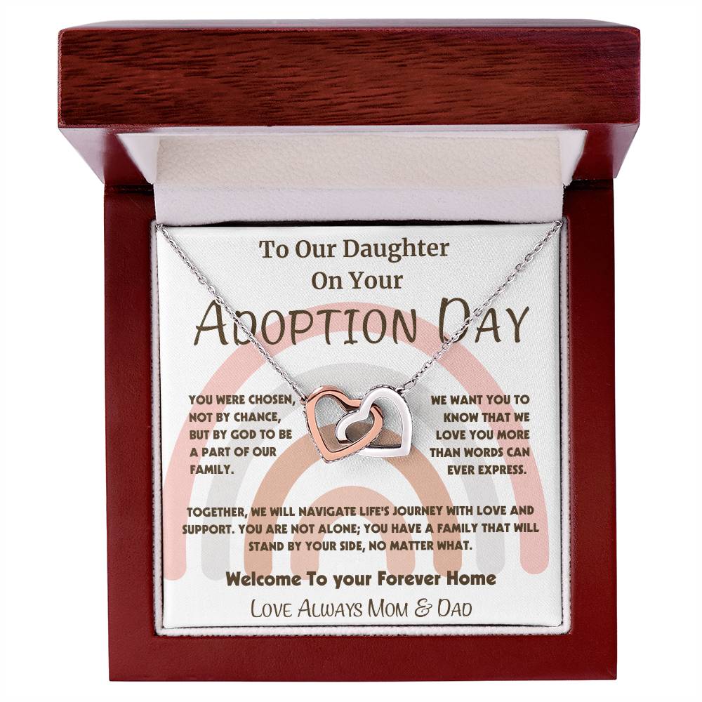 Adoption Day Necklace Gift for Daughter - Intertwined Hearts Pendant with Loving Message, Gold or Silver