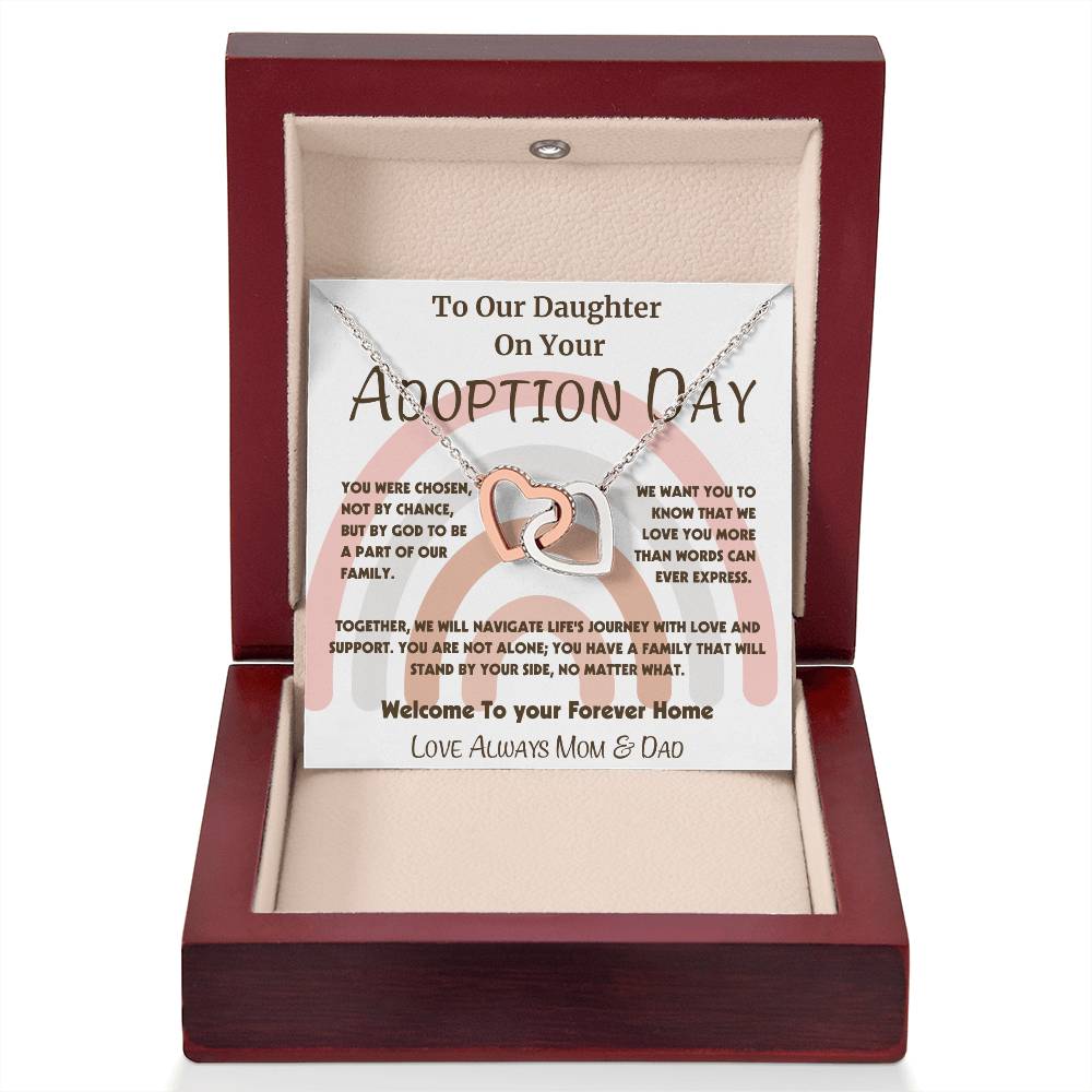 Adoption Day Necklace Gift for Daughter - Intertwined Hearts Pendant with Loving Message, Gold or Silver