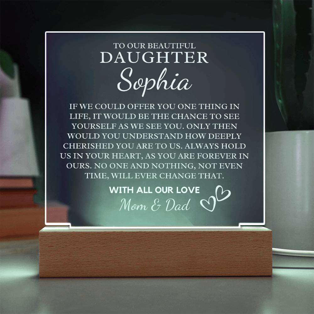 To Our Daughter Gift | Custom Acrylic Daughter Plaque with LED Base Heartfelt Message From Mom & Dad