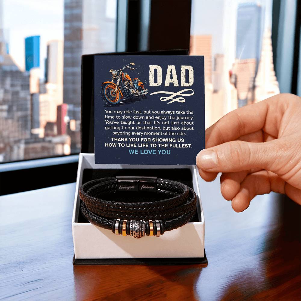 A gift box for a biker dad featuring a Dad Leather Bracelet for birthday or Father's Day, a special gift from us to show our love.