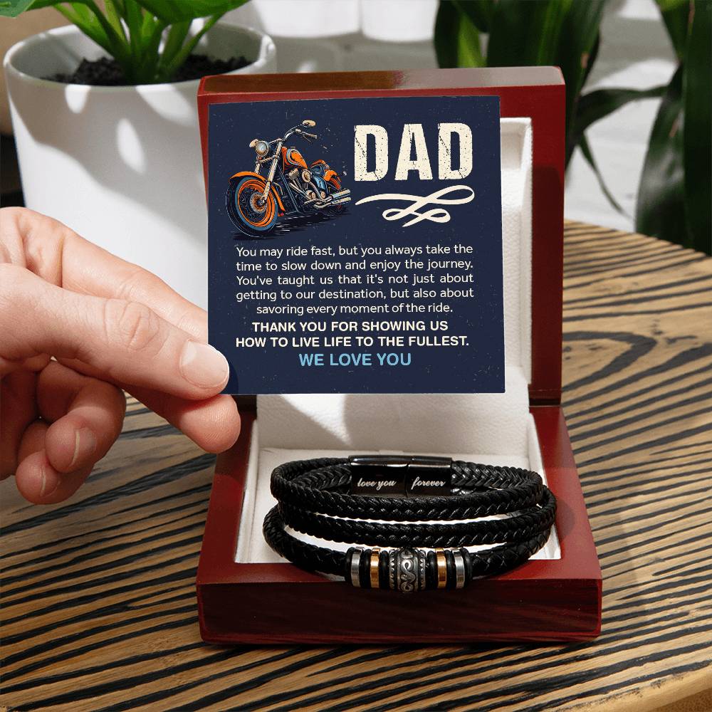 A gift box for a biker dad featuring a Dad Leather Bracelet for birthday or Father's Day, a special gift from us to show our love.