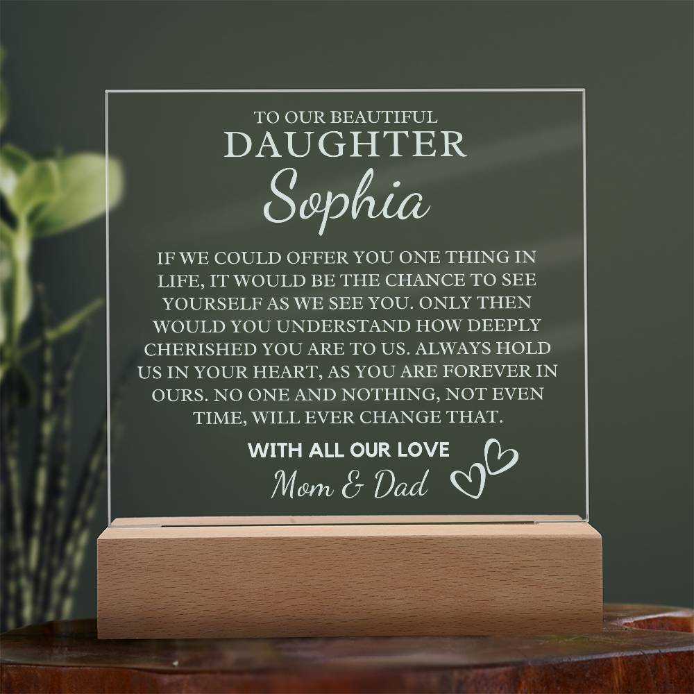 To Our Daughter Gift | Custom Acrylic Daughter Plaque with LED Base Heartfelt Message From Mom & Dad