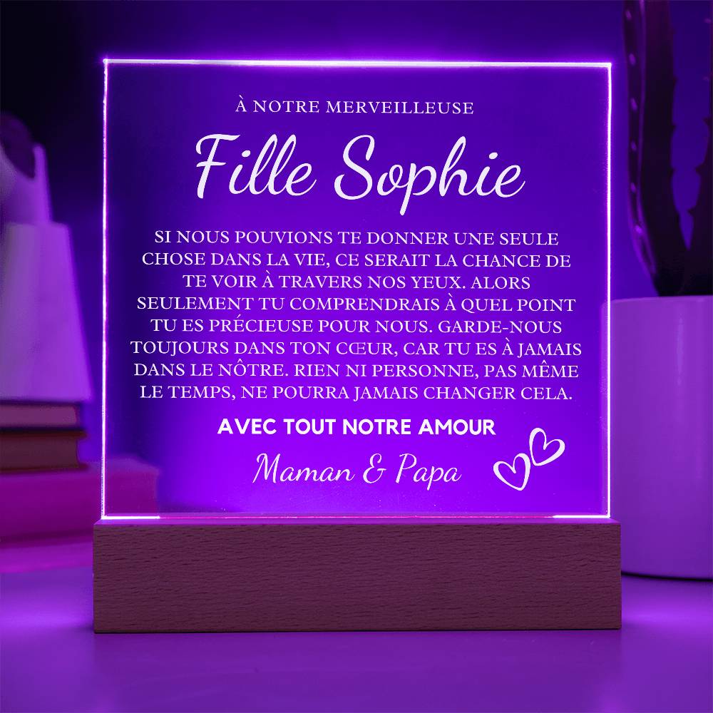 Cadeau Pour Notre Fille | Plaque Acrylique Personnalisée Pour Fille avec Base LED | Message d'Amour de Maman et Papa