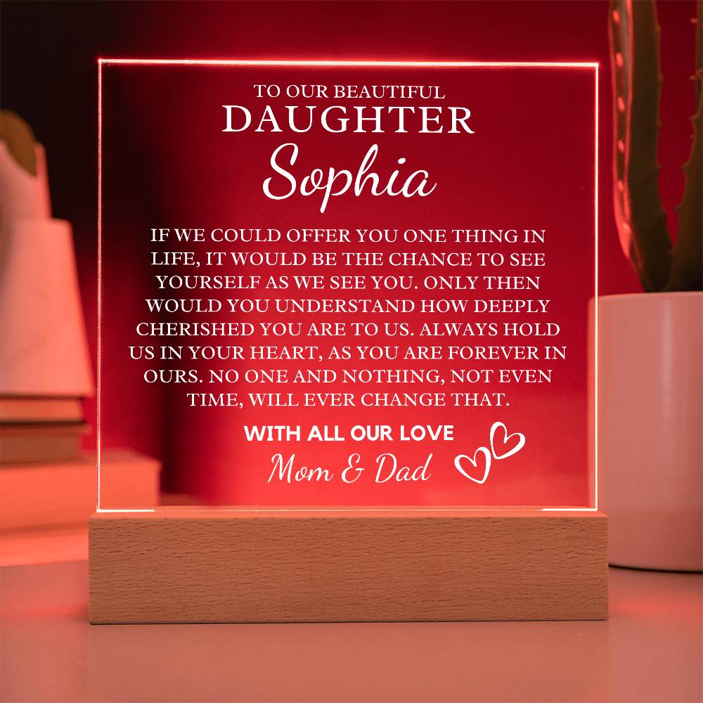 To Our Daughter Gift | Custom Acrylic Daughter Plaque with LED Base Heartfelt Message From Mom & Dad