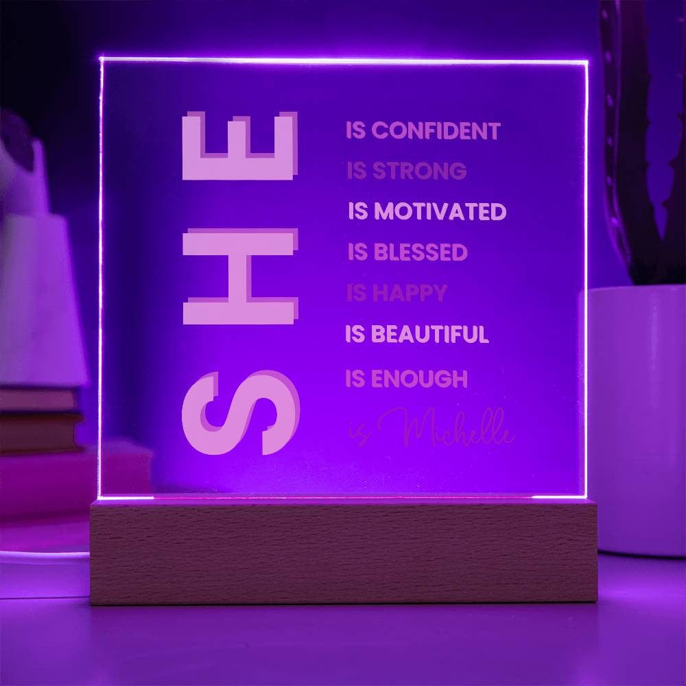Custom Motivational Gift | Personalized "She Is" Plaque with LED Base