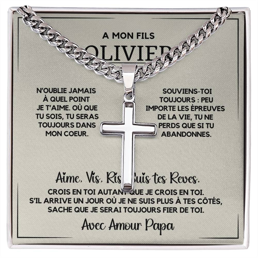 Cadeau pour Fils - Collier Chaîne Cubaine avec Croix Artisanale en Acier Inoxydable