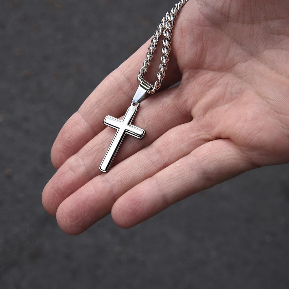 Cadeau pour Fils - Collier Chaîne Cubaine avec Croix Artisanale en Acier Inoxydable