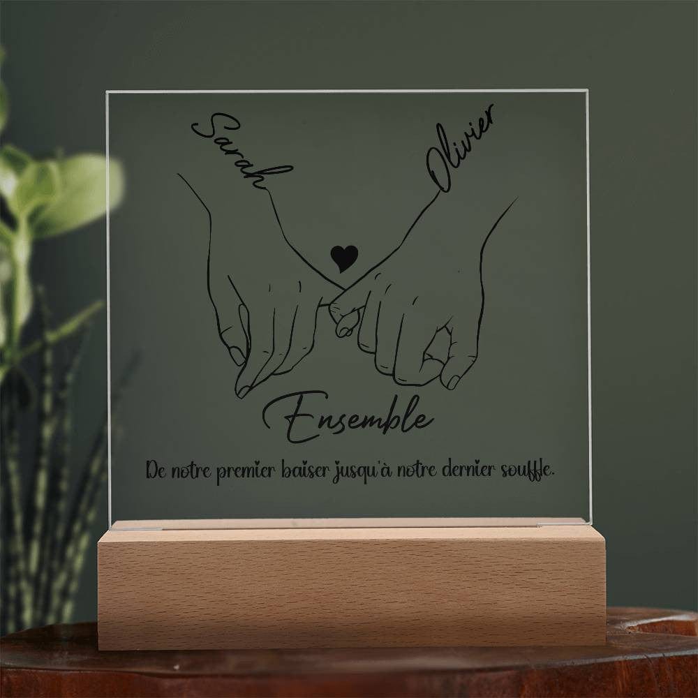 Plaque Acrylique Carrée Personnalisée pour Couples avec Base LED