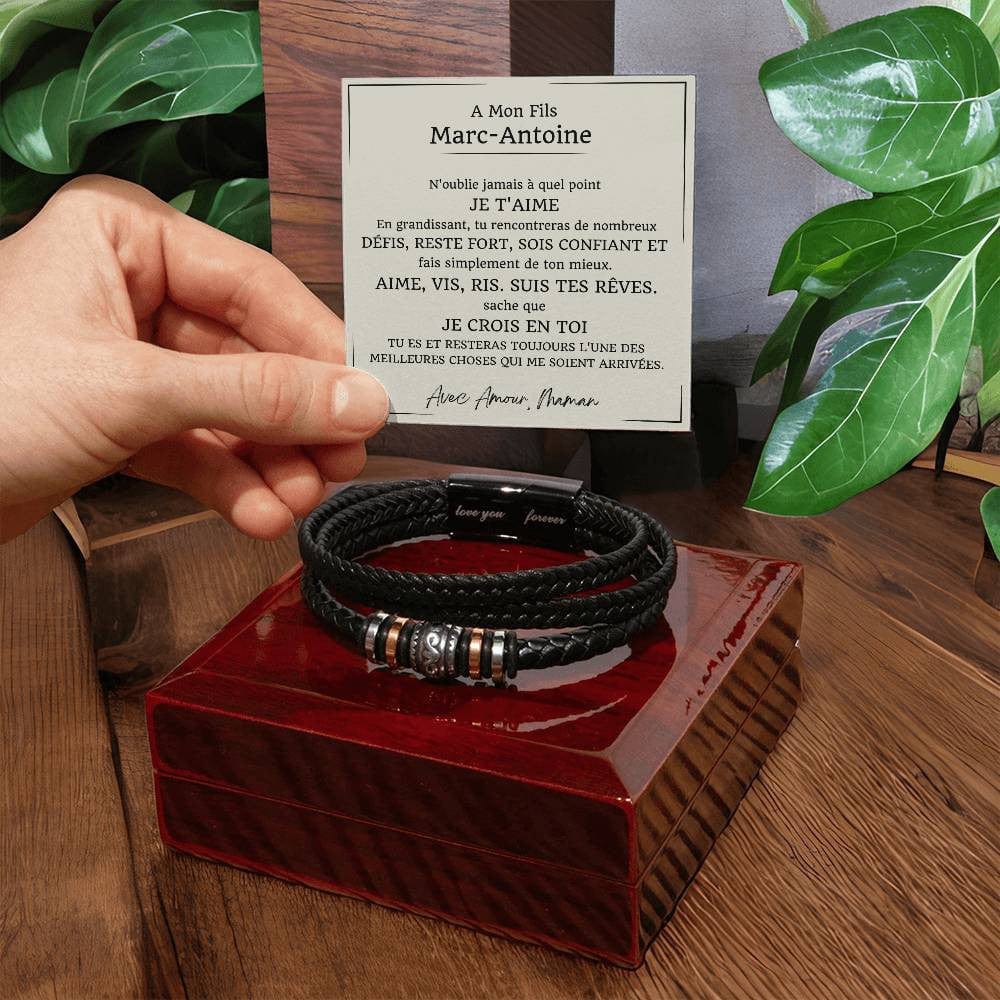 Cadeau pour Fils - Bracelet Tressé en Cuir avec Message Émotionnel