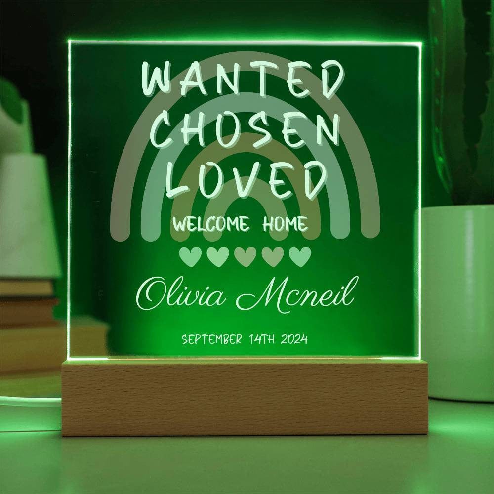 Customizable Adoption Plaque - Wanted, Chosen, Loved - Rainbow Design with LED Base