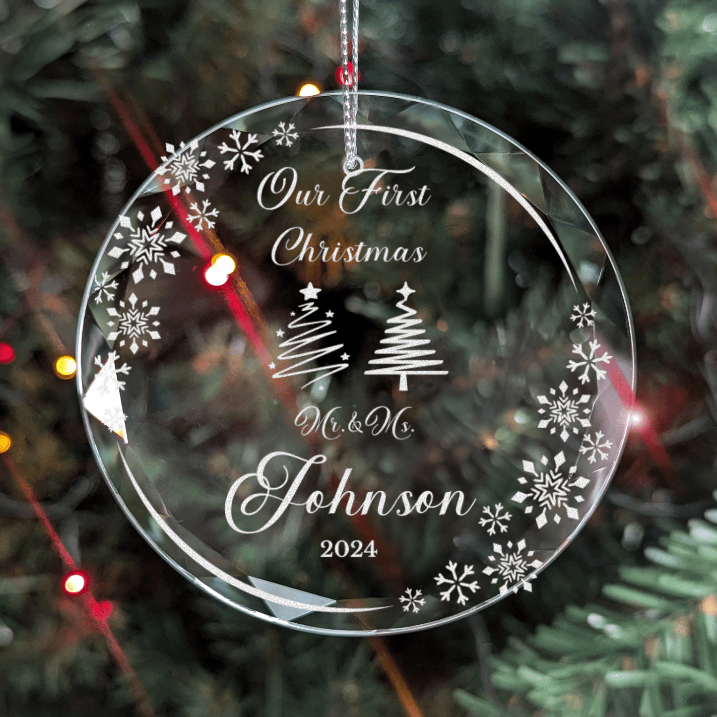Engraved 'Our First Christmas' Glass Ornament | Personalized Round Crystal Keepsake with Gift Box | Elegant Christmas Decor 2024