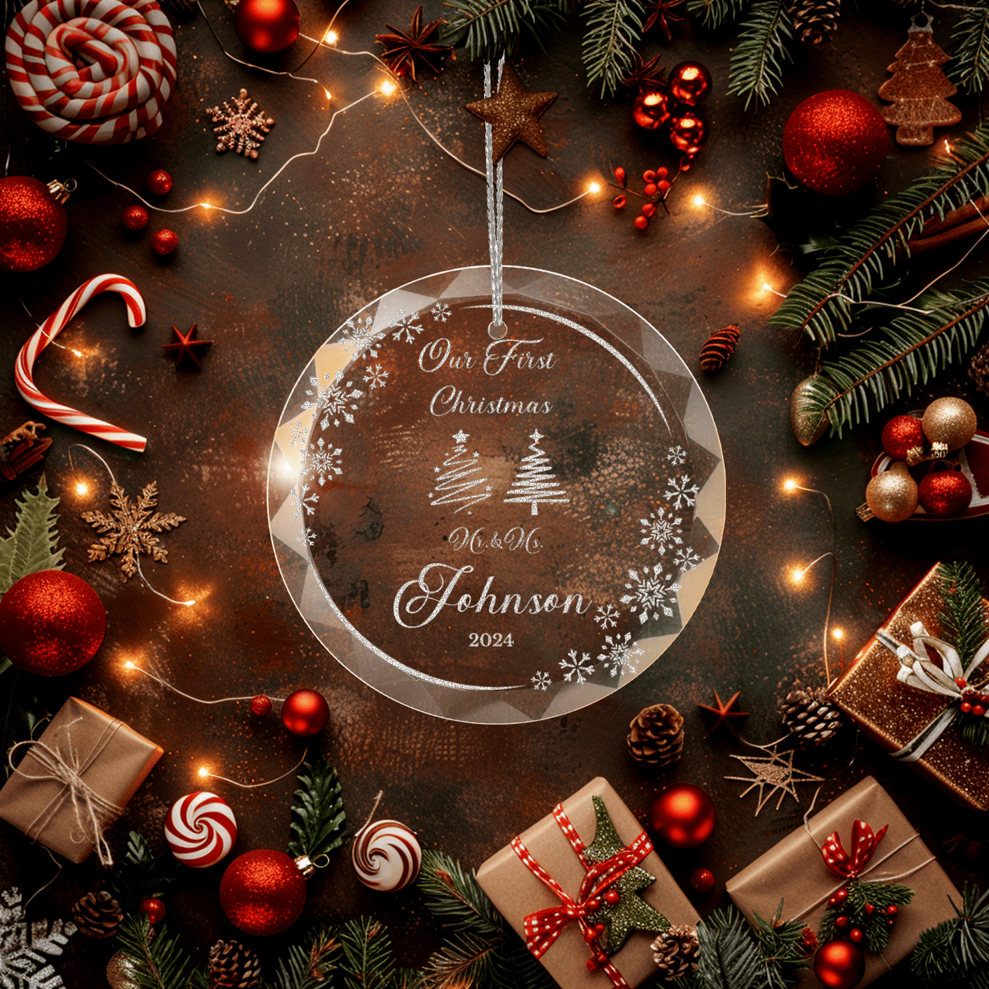 Engraved 'Our First Christmas' Glass Ornament | Personalized Round Crystal Keepsake with Gift Box | Elegant Christmas Decor 2024