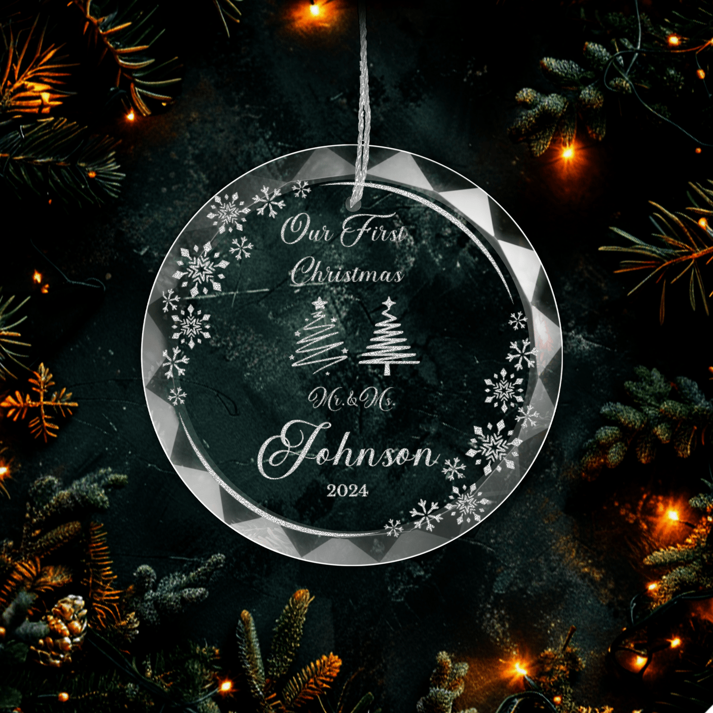 Engraved 'Our First Christmas' Glass Ornament | Personalized Round Crystal Keepsake with Gift Box | Elegant Christmas Decor 2024