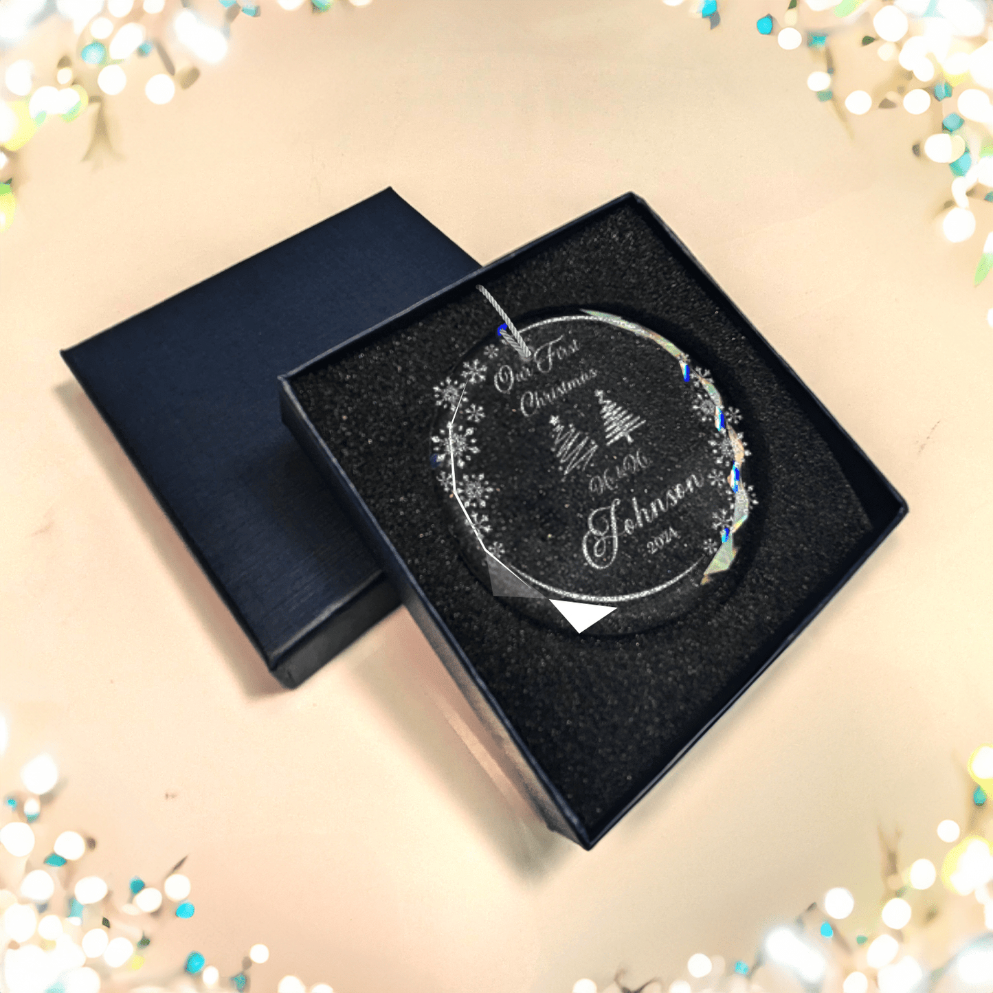 Engraved 'Our First Christmas' Glass Ornament | Personalized Round Crystal Keepsake with Gift Box | Elegant Christmas Decor 2024