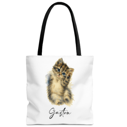 Tote bag with a kitten illustration and the name 'Gazou' on a white background