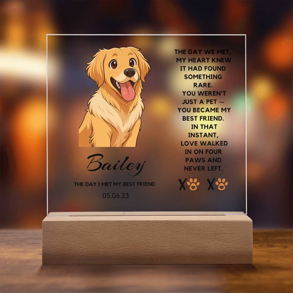 Personalized dog lamp with a dog illustration and text on a wooden base.
