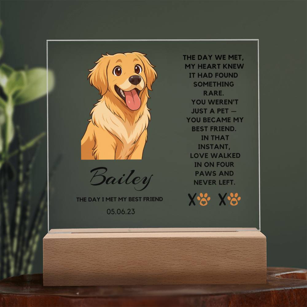 Acrylic plaque with a dog illustration and text about a pet named Bailey on a dark background.