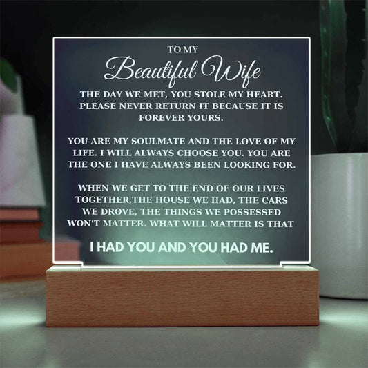 To My Beautiful Wife -  Romantic LED Acrylic Plaque - From Husband