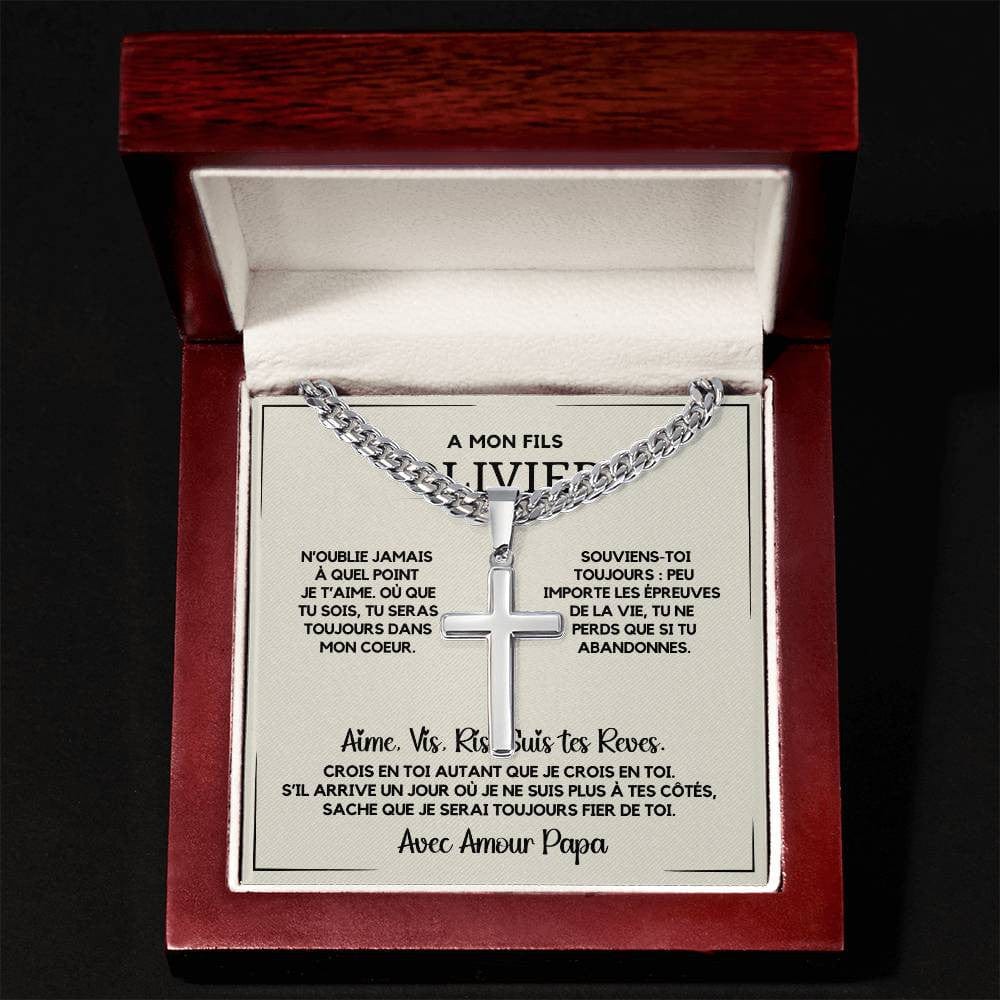 Cadeau pour Fils - Collier Chaîne Cubaine avec Croix Artisanale en Acier Inoxydable