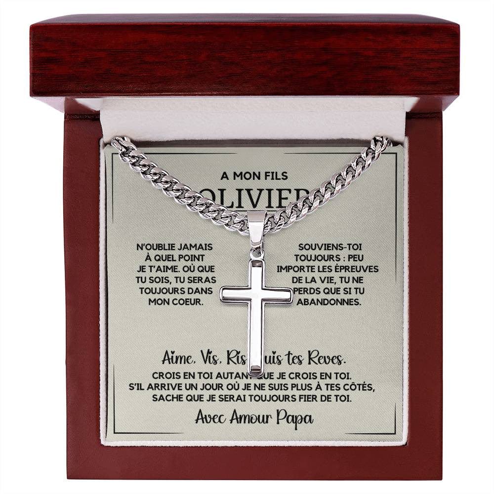 Cadeau pour Fils - Collier Chaîne Cubaine avec Croix Artisanale en Acier Inoxydable