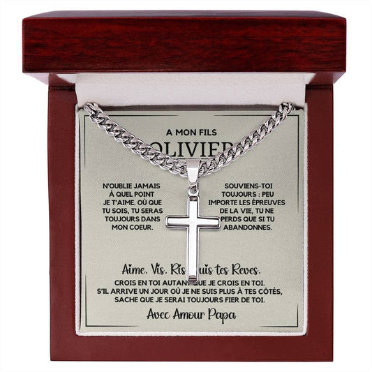 Cadeau pour Fils - Collier Chaîne Cubaine avec Croix Artisanale en Acier Inoxydable