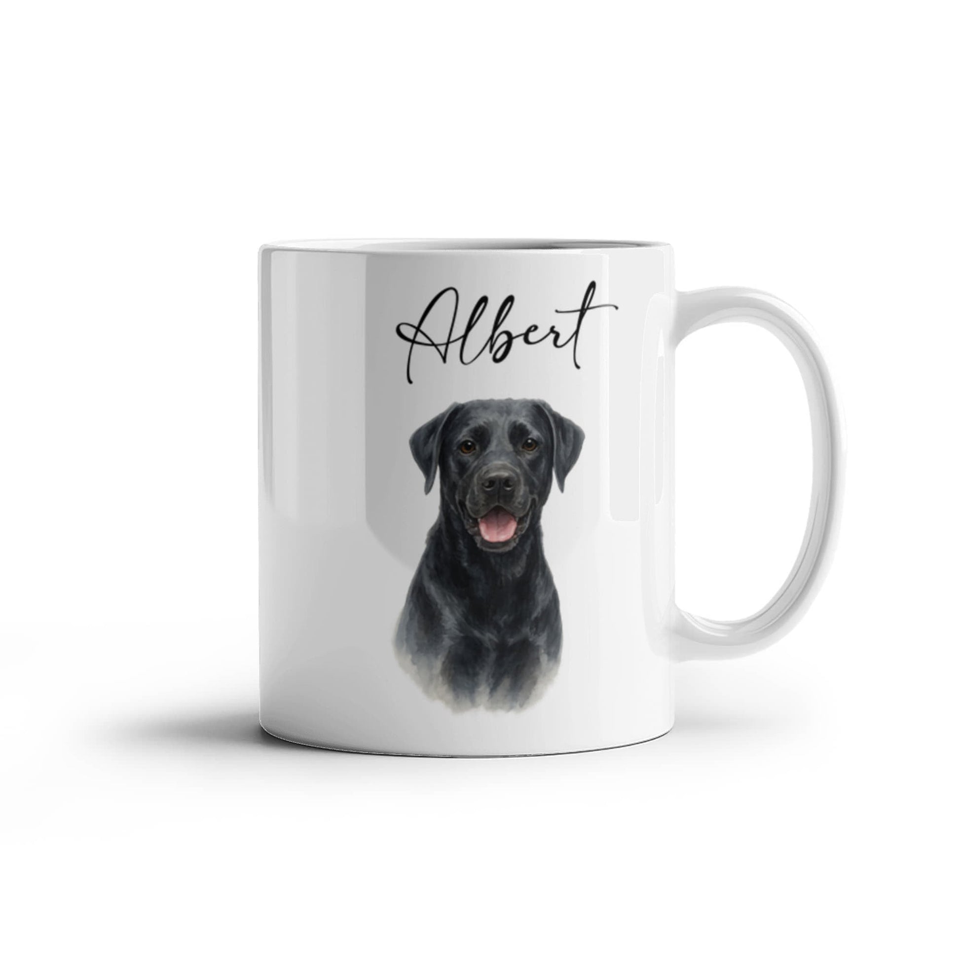 White mug with a black dog illustration and 'Albert' text on a white background