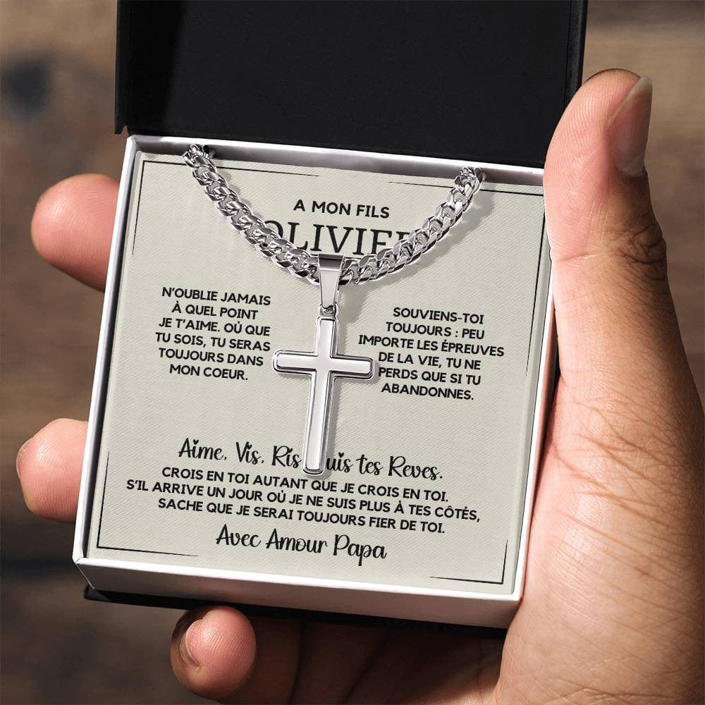 Cadeau pour Fils - Collier Chaîne Cubaine avec Croix Artisanale en Acier Inoxydable