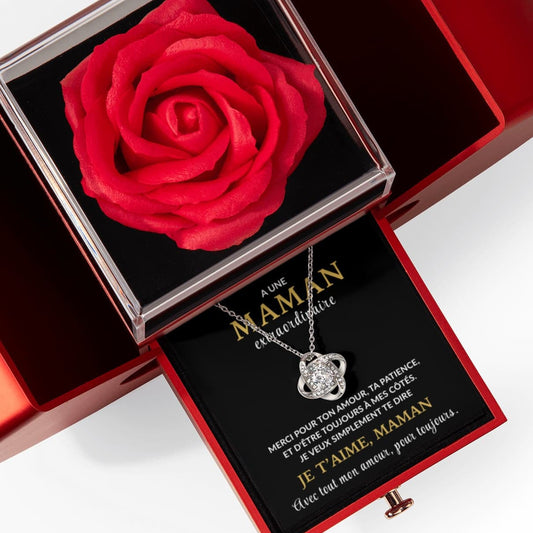 Coffret cadeau rose rouge avec collier noeud d'amour pour maman